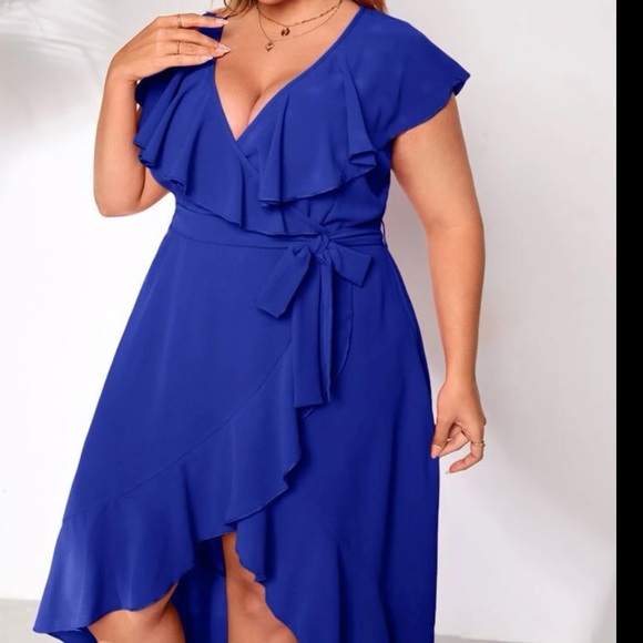 Boho Plus Size Ruffle Hem Wrap Belted Maxi Dress Blue or Pink - Picture 5 of 11